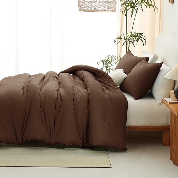 CozyLux Queen Comforter Set Brown, 3 Pieces Solid Comforters Queen Size Breathable Quilted Bedding Sets, Luxury Soft Lightweight Bed Set with Down Alternative Comforter and 2 Pillowcases All Seasons