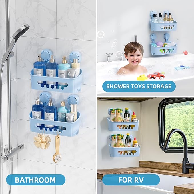 LEVERLOC Shower Caddy Suction Cup 2 Pack, Shower Organizer Removable Bathroom Shelf, Storage for Inside Shower Powerful Suction Max Hold 22lbs Waterproof Holder, Blue - Image 6
