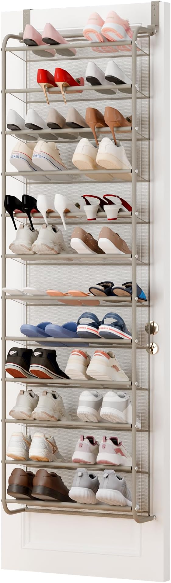 Whitmor 36 Pair Over The Door Shoe Organizer, 12 Tier Hanging Shoe Organizer, Heavy Duty Metal & Mesh Shoe Holder, Hanging Shoe Rack for Closet Organizer & Storage, 69"L x 21.7"W x 7.5"H, Mocha - Image 7