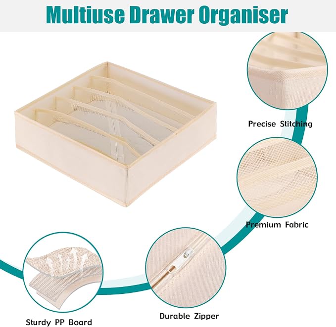 Drawer under Cabinet Clothes Organizer 5 Cell Foldable Storage Cubes Underwear Drawer Organizer Dividers Storage Boxes for Bra, Underwear(Creamy-White) - Image 6