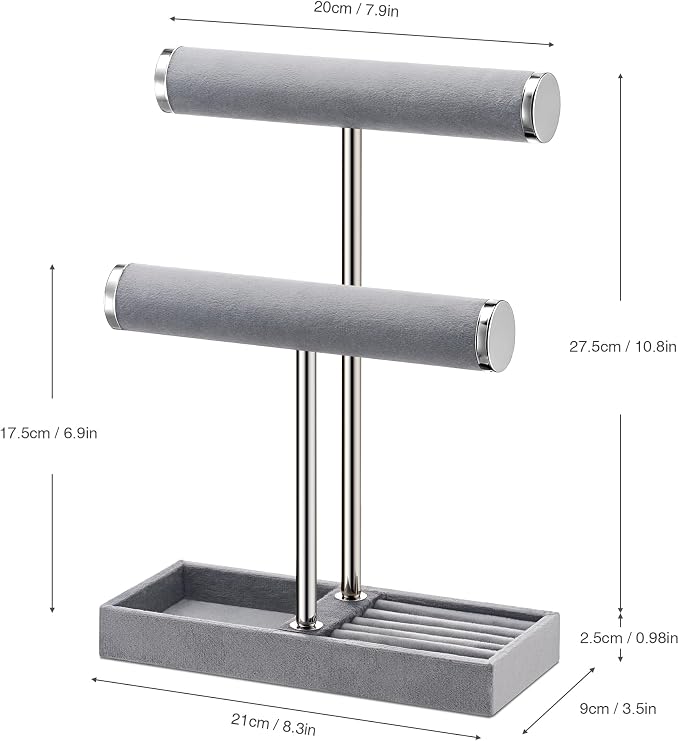bussdis 2 Tier Bracelet Holder Display - Detachable T Bar Grey Velvet Bracelet Holder, Jewelry Holder Organizer for Bracelet, Necklace, Earrings, Rings - Image 7