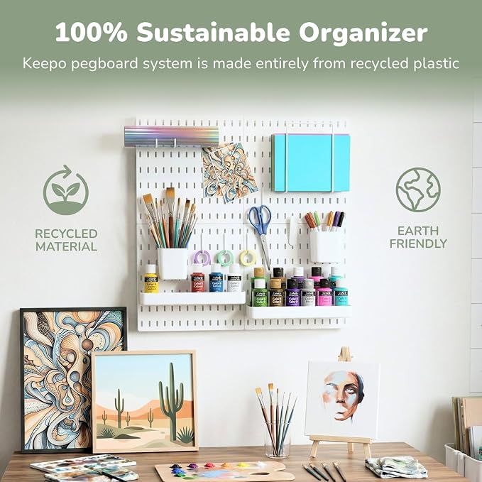 Keepo Peg Board Wall Organizer – Plastic Pegboard Panels, Modular Peg Board Storage System for Home Office, Craft Room, Gaming Setup (White, 22″×22″) - Image 7