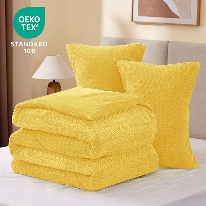 Flannel Fleece Comforter King Set - Furry Yellow Leaves Pattern Faux Fur Bed Set, Winter Ultra Soft Fuzzy Comfort Set, Velvet Bedding Set for Bed with 2 Pillow Cases