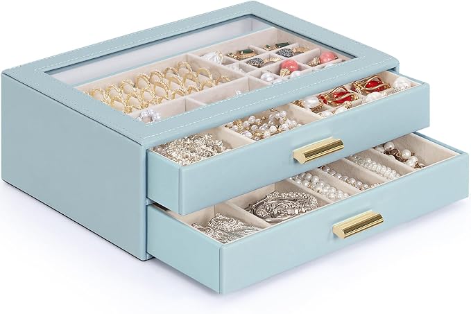 AKOZLIN Jewelry Box with Clear Lid Functional Leather Jewelry Storage Organizer Case 2 Drawers for Women Girls Necklace Ring Bracelet Earring - Image 8