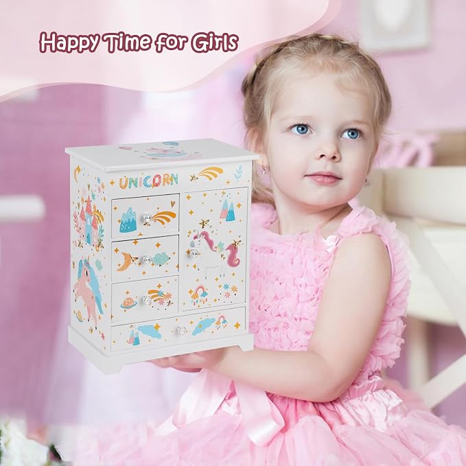 Large Jewelry Box for Girls 5-Layer Music Box with Swing Door Spinning Ballerina Unicorn Necklace & Bracelet Set Children Jewelry Organizer for Girls Kids Birthday Christmas Gift White - Image 7