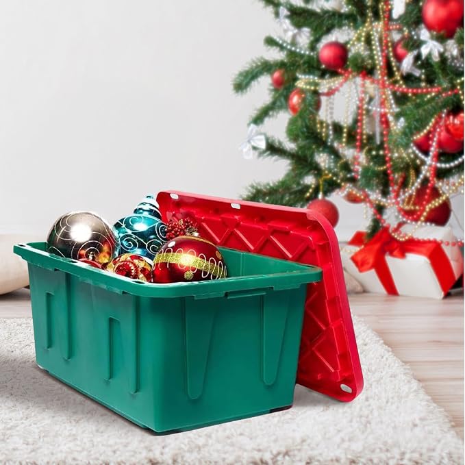 HOMZ 2-Pack Durabilt, Heavy Duty Plastic Storage Bins with Lids, 27 Gallon, Green/Red - Stackable Container Boxes for Holiday, Attic, and Garage Organization - Image 9