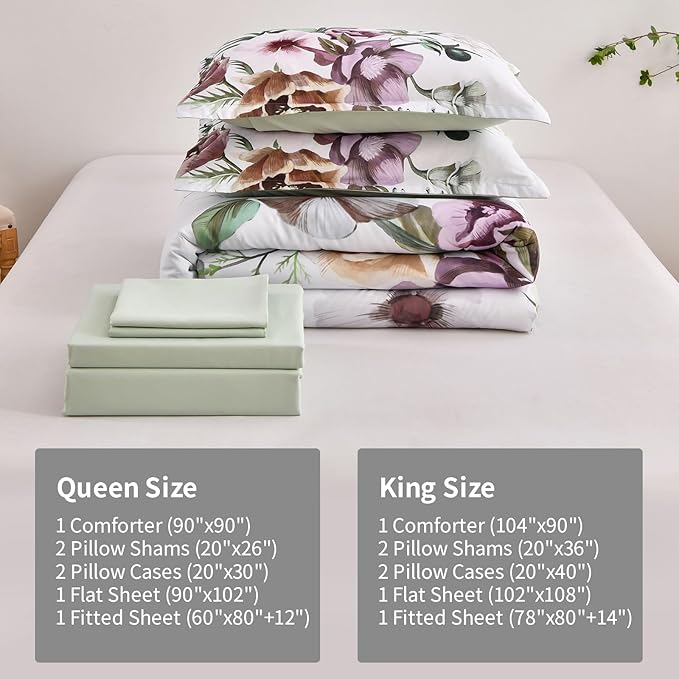 Luxudecor Floral Comforter Set King Size 7 Piece, Green Flower Bed in a Bag, Elegant Floral Comforter with Sheet Set, Soft Microfiber Bedding Set for All Season (Green, 104"x90")
