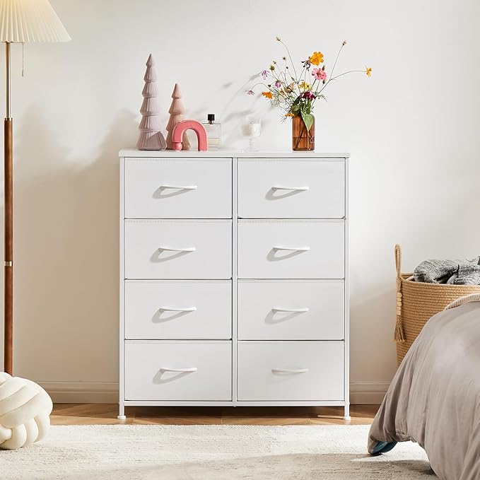 Sweetcrispy Dresser for Bedroom, Chest Organizer Unit with 8 Fabric Bins, Fabric Storage Tower, Drawer Organizer with Steel Frame, Wooden Top for Living Room, Closet