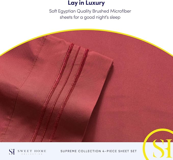 Split King Sheets - Breathable Luxury Sheets with Full Elastic & Secure Corner Straps Built In - 1800 Supreme Collection Extra Soft Deep Pocket Bedding Set, Sheet Set, Split King Size, Burgundy
