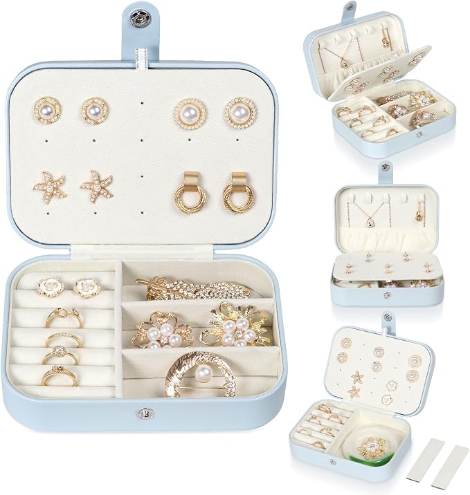 Hatori Travel Jewelry Box, PU Leather Small Jewelry Organizer for Women Girls, Double Layer Portable Mini Travel Case Display Storage Holder Boxes for Stud Earrings, Rings (Light Blue) - Image 7