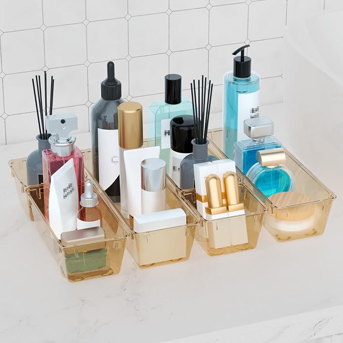 WOWBOX 12 Pack Clear Drawer Organizer Set, Acrylic Drawer Storage Trays, Storage Bins for Makeup, Cosmetics, Jewelries, Utensils, Gadgets, Office, Champagne - Image 7