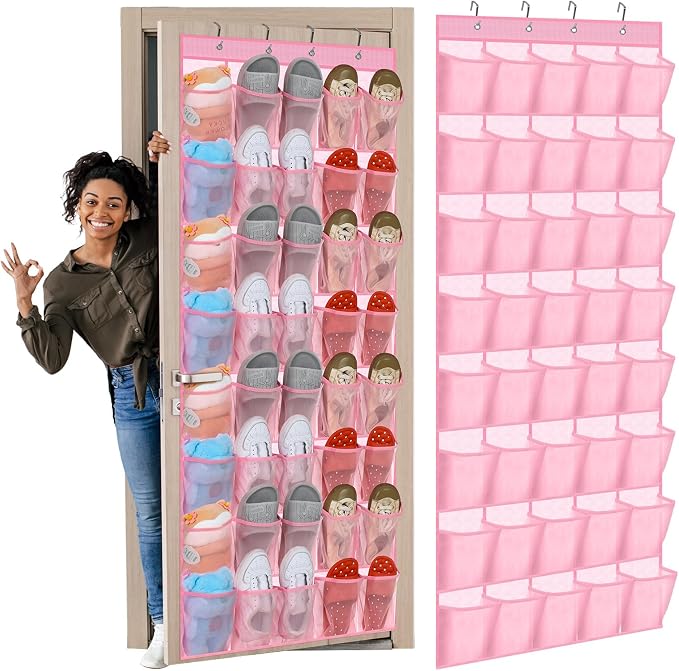Windyun 40 Over the Door Shoe Organizer Large Breathable Mesh Pockets Pink Hanging Shoe Rack for Closet Behind Door Hanger Storage Holder Nonslip Hooks for Women Entryway Bedroom Utility Room - Image 8