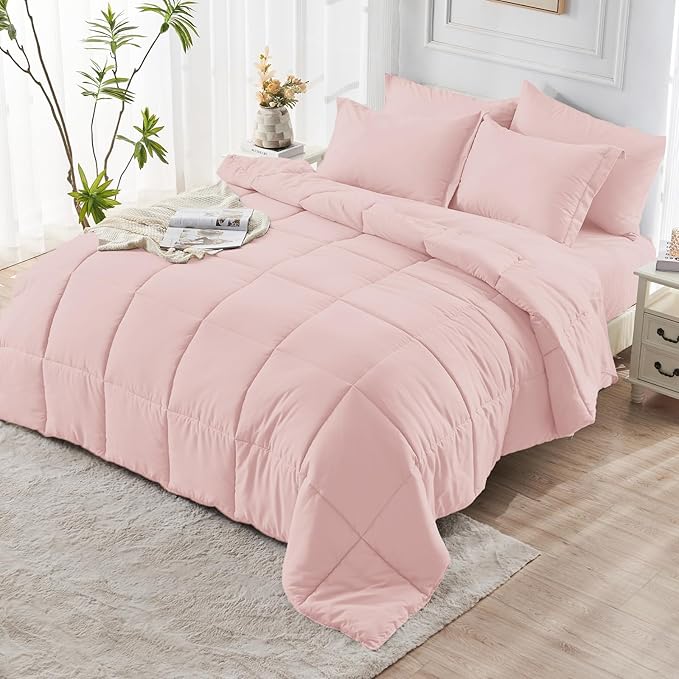JOLLYVOGUE Full Comforter Set, Ultra-Soft Bed in a Bag Full Size 7 Pieces, Oeko-TEX Certified Bedding Set with Down Alternative Comforter, Sheets, Pillowcases & Shams, Blush Pink
