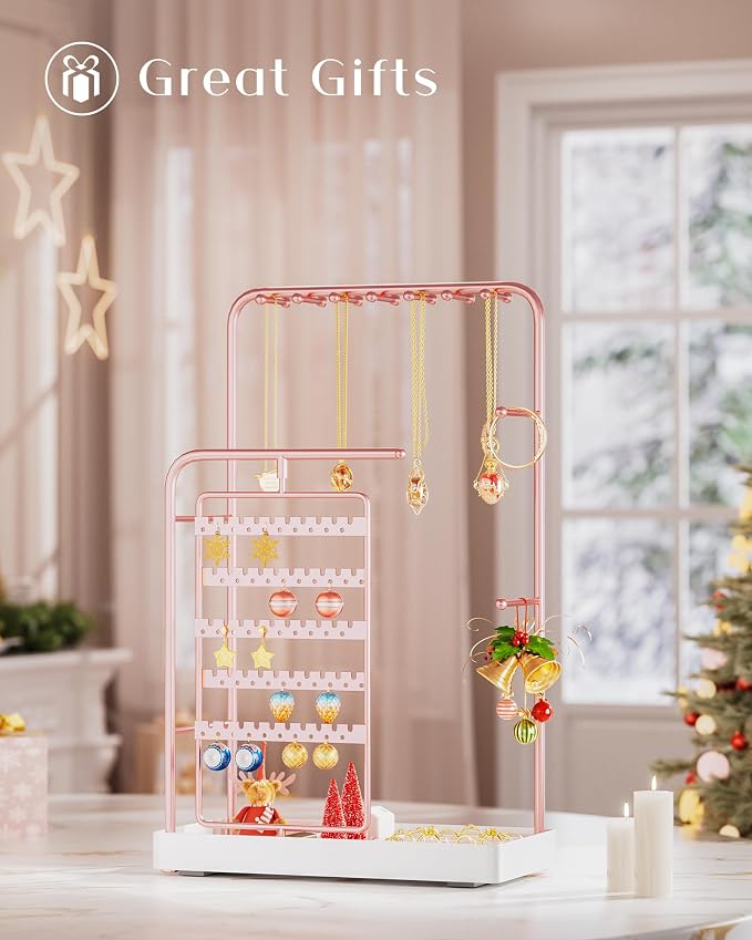 ProCase Jewelry Stand Holder Organizer, Jewelry Display Storage with Ring Tray, Rotating Earring Bracelet Necklace Holder, Valentine's Gifts Room Dorm Decor for Teen Girls -Rosegold (No-Assembly) - Image 8