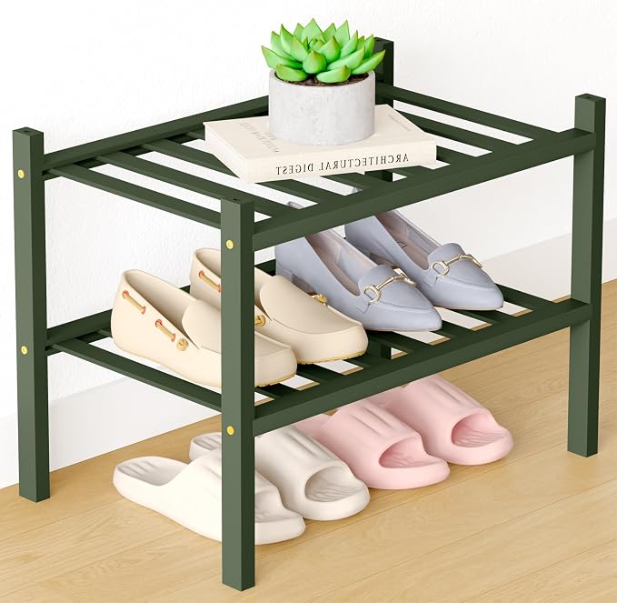 Smiry Bamboo Shoe Rack for Closet, 2 Tier Small Wooden Stackable Shoe Organizer, Free Standing Shoes Storage Shelf for Entryway, Front Door Entrance, Green by Smiry