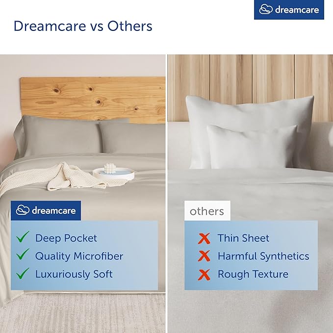 DREAMCARE King Size Sheets Set - 6 pcs Breathable Cooling Bed Sheets - up to 21" Extra Deep Pocket King Sheet Set with Side Pockets - Extra Soft 100% Brushed Hypoallergenic Hotel Luxury Bedding- Beige