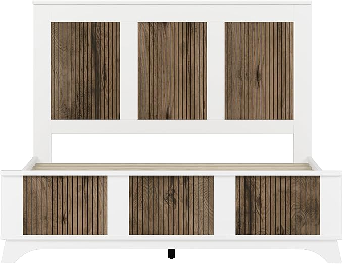 SOFTSEA 4 Piece Queen Size Bedroom Set with Storage, Farmhouse Solid WOD Platform Bed with Wooden Strip Decoration, 4 Piece Bedroom Furniture Set, White