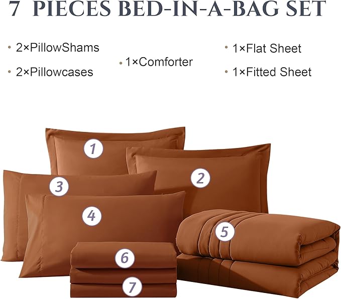 Monbix Super King Plus Size Comforter Set - 7 Pieces Burnt Orange Bed in a Bag Super King Plus Bedding Sets with Comforters, All Seasons Comforter Bed Set with Sheets,Pillowcases & Shams
