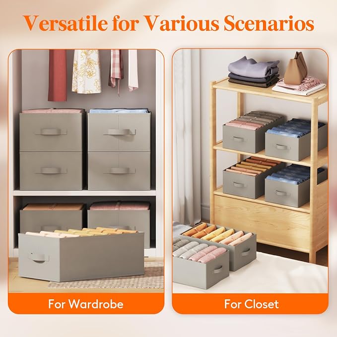 Lifewit Wardrobe Clothes Organizer 12 Pack, Large Size 6 Grids Closet Jean Storage Bins with Handles and Support Boards, Foldable Drawer Dividers for Sweater, Pants, T-Shirt, Hoodie, Dress, Grey - Image 8
