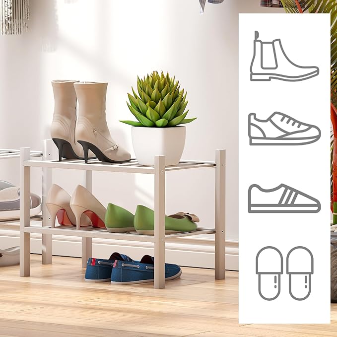 viewcare White Small Shoe Rack for Entryway,2-Tier Bamboo Shoe Organizer for Hallway Closet, Free Standing Shoe Racks for Indoor Outdoor - Image 6