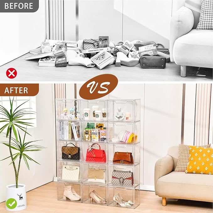 Freebat Stackable Storage Bins, Clear Acrylic Display Case, 5-Pack Acrylic Boxes with Lids, Clear Storage Containers Storage for Handbags, Collectibles & Figures - Image 8