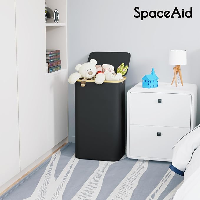 SpaceAid Laundry Hamper with Lid, 110L Large Tall Clothes Basket Bin with Bamboo Handles, Collapsible Laundry Hamper for Bedroom, Bathroom, Dorm, Laundry Room - Black - Image 6