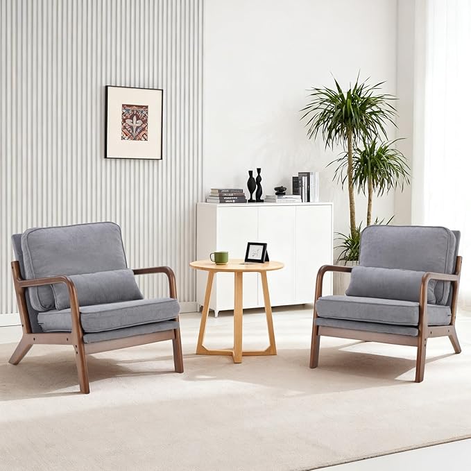 DUMOS Mid Century Accent Chair, Modern Living Room Chair with Arms and Waist Cushion, Reading Chairs for Adults, Lounge Chair for Bedroom, Solid Wooden Frame,Classic Grey