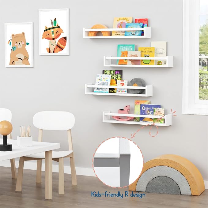 Forbena 24 Inch Wall Bookshelf for Kids Bedroom Set of 4, White Floating Nursery Book Shelves for Baby Toddler Children Girls Boys Room Decor, Large Wood Wall Mount Bookshelves and Toy Storage - Image 7