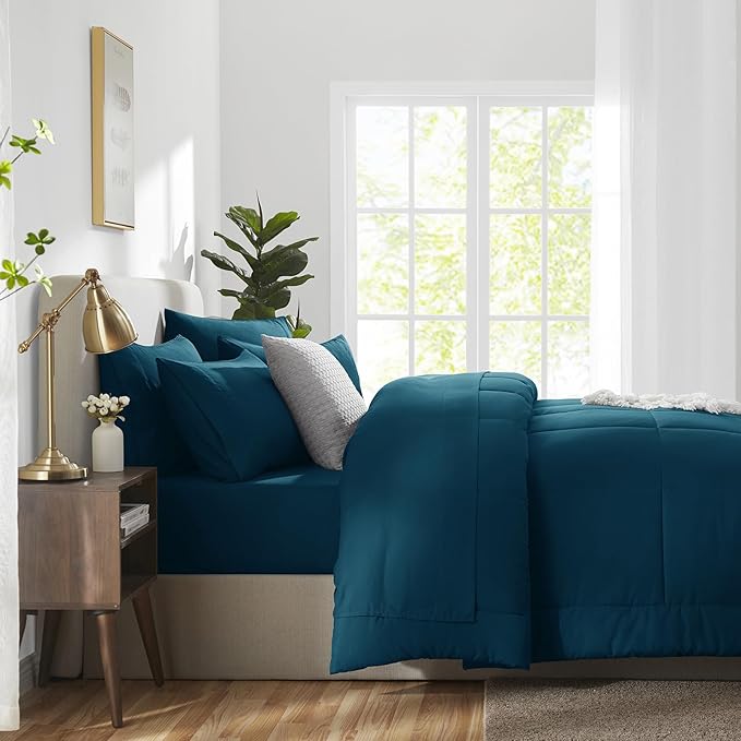 CozyLux King Size Comforter Set Lyons Blue, 7 Pieces Bed in a Bag, Blue Comforter King Size, All Season Bedding Sets with Stitch Quilted Comforter, Flat Sheet, Fitted Sheet, Pillowcases