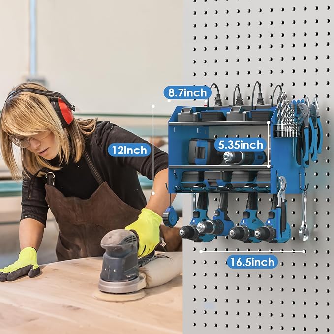 CCCEI Modular Power Tool Organizer Wall Mount with Charging Station. Garage Drill Storage Shelf with Hooks, Heavy Duty Rack, Tool Battery Holder Built in 8 Outlet. Gift for Men. Blue, 1 Pack. - Image 8