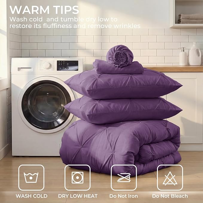 Sasttie Twin Comforter Set, 5-Piece Bed in a Bag, Pintuck Bedding Sets for All Season, Includes Comforter, Flat Sheet, Fitted Sheet, Pillowcase and Pillowsham, Grape Purple