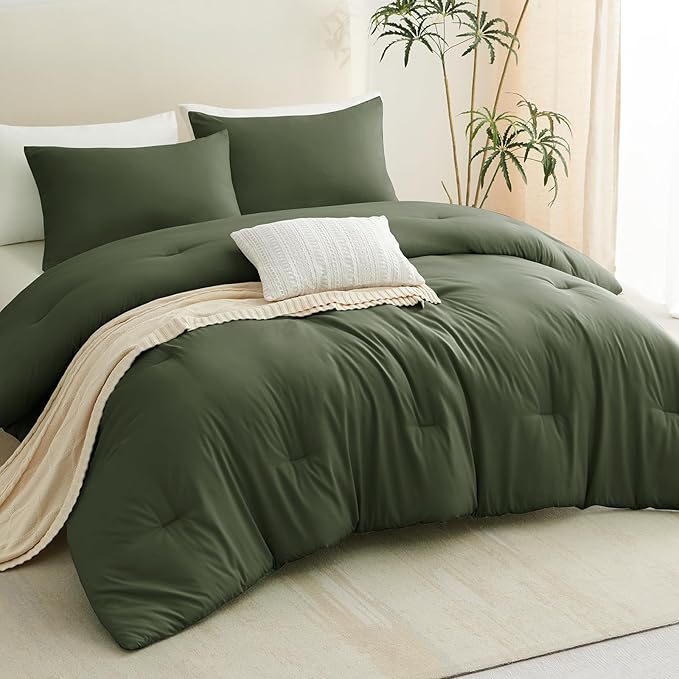 CozyLux Queen Comforter Set Olive Green, 3 Pieces Solid Comforters Queen Size Breathable Bedding Sets, Luxury Soft Lightweight Bed Set with Down Alternative Comforter and 2 Pillowcases All Seasons