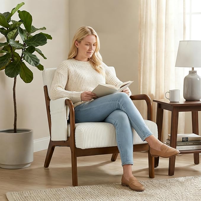 DUMOS Mid Century Modern Accent Chair, Upholstered Armchair with Lumbar Pillow and Solid Wood Frame, Comfy Reading Chair for Small Living Room, Bedroom, Guest Room, Beige