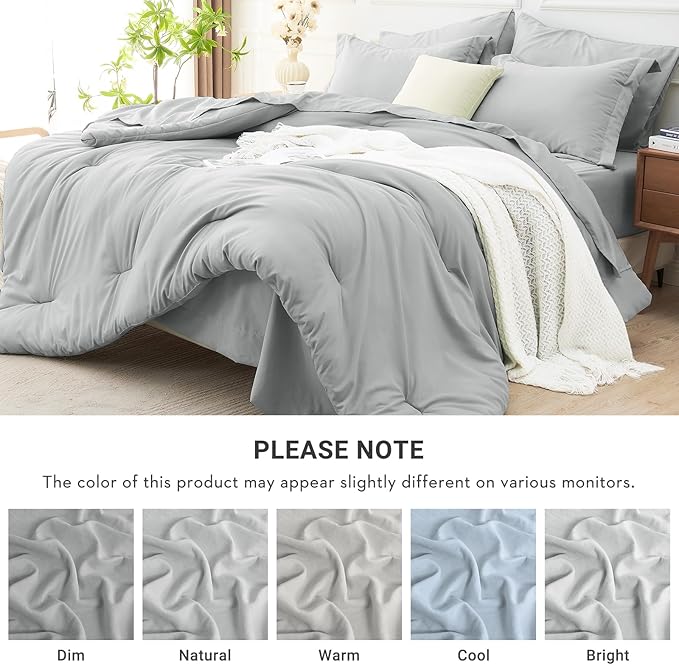 MUXHOMO 5 Pieces Twin Comforter Set, Soft Bed in a Bag Twin Size, All Season Bedding Set with Comforter, Flat Sheet, Fitted Sheet, Pillowcases & Shams, Light Grey