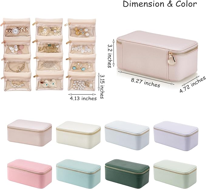 VLANDO Travel Jewelry Box Organizer – Portable PU Leather Jewelry Case with 6/8/12 Zippered Pouches, Compact Storage for Earrings Rings Necklaces Bracelets, Offwhite - Image 7