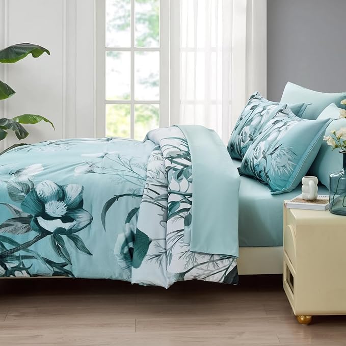 Luxudecor Floral Comforter Set King Size 7 Piece, Aqua Flower Bed in a Bag, Elegant Gradient Floral Comforter with Sheet Set, Soft Seersucker Microfiber Bedding Set for All Season (Aqua, 104"x90")