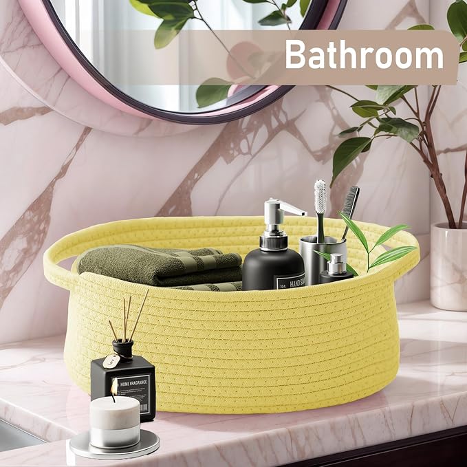 JMvicyroam Woven Basket,Small Rope Storage Bin with Handles & Ribbon Bag, Organizer for Shelves Closets,Gift Basket Empty for Birthday,Books,Dog Toys, Yellow/3 Pack - Image 8