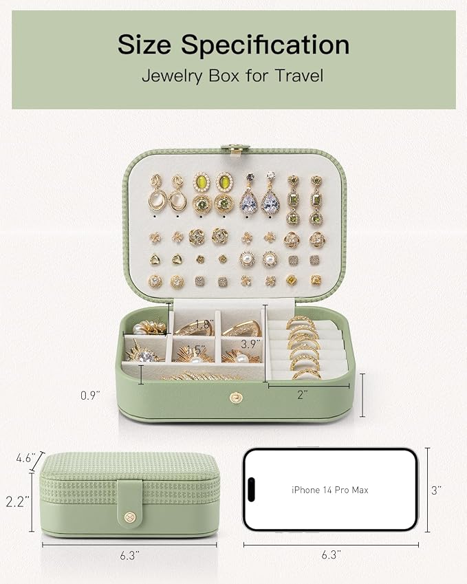 VLANDO Travel Jewelry Case, PU Leather Travel Jewelry Box with Earring Holder, Portable Display Small Jewelry Box for Mothers Day Women Girls Gift - Green - Image 8