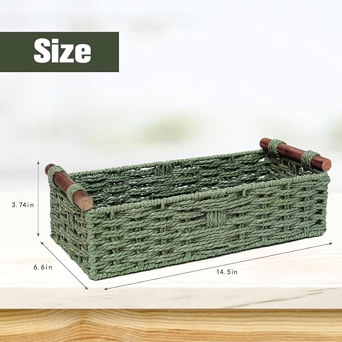 Round Paper Rope Storage Basket Wicker Baskets for Organizing with Handle Decorative Storage Bins for Countertop Toilet Paper Basket for Toilet Tank Top Small Baskets , Green - Image 7