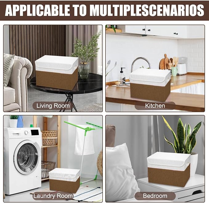 Bagnizer Large 22 Quart Linen Fabric Foldable Storage Bin Cube Organizer Basket with Flip-Top Lid & Handles, Clothes Blanket Box for Home, Office, Closet, Brown & White, 4 Pack 14.6 x 9.5 x 9.5 - Image 7