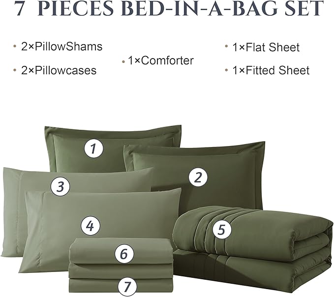 Monbix Queen Comforter Set - 7 Pieces Olive Green Bed in a Bag Queen Bedding Sets with Comforters, All Seasons Comforter Bed Set with Sheets, Pillowcases & Shams