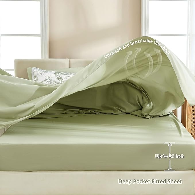 DJY California King Size Comforter Set,Sage Green Botanical Comforters with Sheets Elegant Plants Print Soft Microfiber Reversible Complete Bedding Sets for All Season