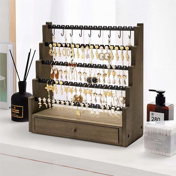 Pinzoveco Earring Organizer, 5 Layer Earring Holder Organizer with Necklace Holder Pole, Rustic Wood Jewelry Organizer Stand Display for Stud Earring Bracelet Necklace Ring, 175 Earring Holes - Image 7