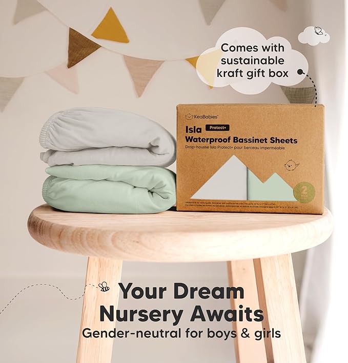 2-Pack Waterproof Bassinet Sheets Boy, Girl - 33x17 Baby Bassinet Mattress Protector Cover, Viscose Derived from Bamboo, Compatible with Graco, Baby Delight, Halo Bassinest Swivel Sleeper (Sage)