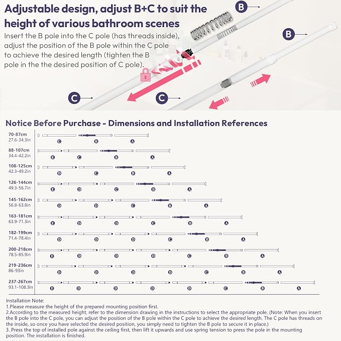 SWTYMIKI Shower Caddy Tension Pole - 4-Tier Corner Shower Organizer Tension Rod with Soap Holder, Toothbrush Holder & 4 Hooks, Adjustable Stainless Steel Bathroom Organizer 27.6 to 108.3 inch, White - Image 8