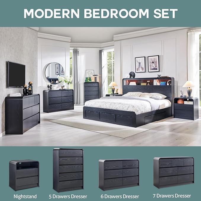 Aitjunz Modern 6 Drawers Dresser for Bedroom, 47" Wide Wood Dressers & Chests of Drawers w/Curved Profile Design, Mid Century Modern Dresser w/Natural Texture for Bedroom, Living Room, Black