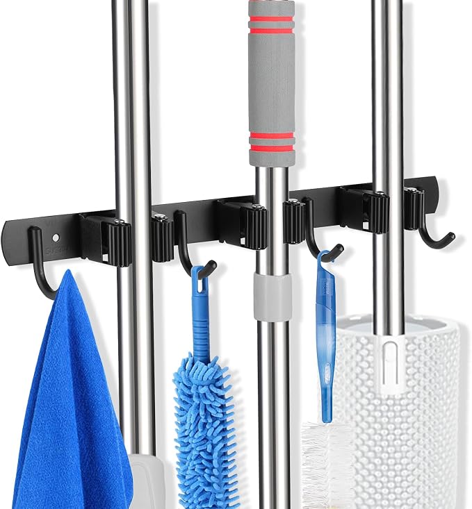voze 3 Racks and 4 Hooks Mop and Broom Holder Wall Mount, Self Adhesive Heavy Duty Broom Organizer Storage Tool Racks for Kitchen Garden Laundry Garage - Image 7