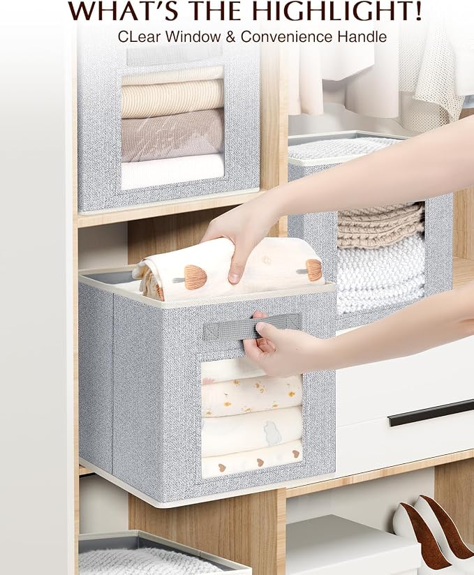Homsorout Foldable Storage Cubes - Cubby Storage Organizer with Window, Decorative Fabric Bins for Clothes Storage, Closet Organizers for Shelves, 11inch, Set of 8, Light Grey - Image 9