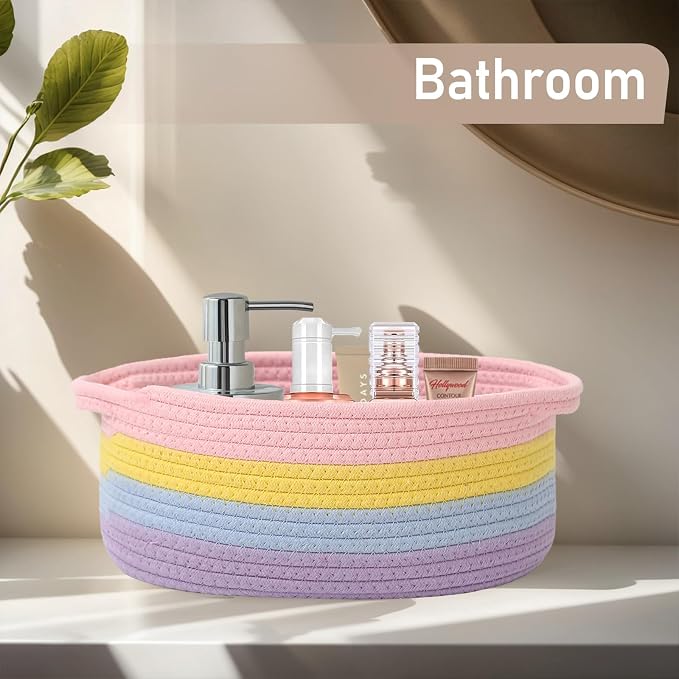 JMvicyroam Woven Basket,Small Rope Storage Bin with Handles & Ribbon Bag, Organizer for Shelves Closets,Gift Basket Empty for Birthday,Books,Dog Toys, Rainbow/3 Pack - Image 8