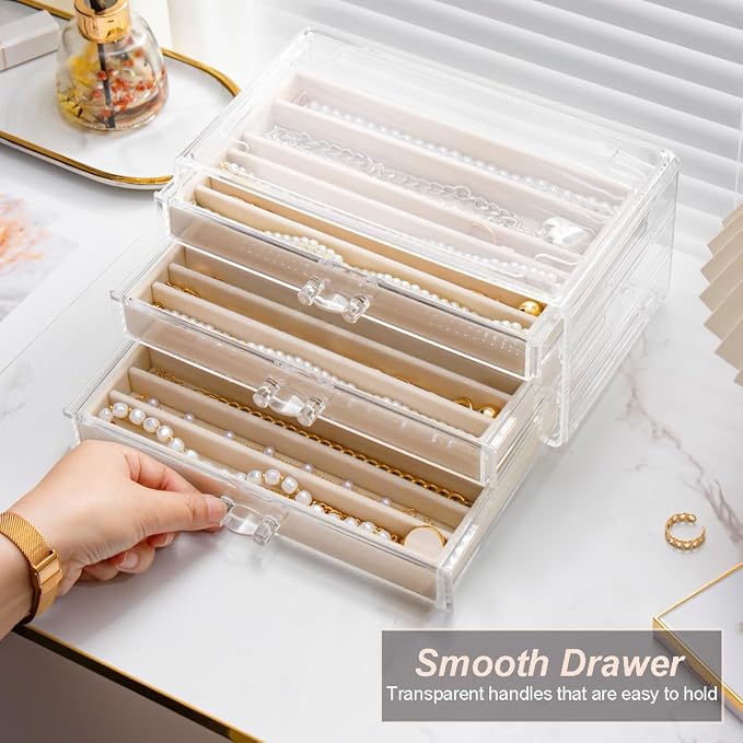 YUFONG Necklace Holder Organizer, Dustproof Necklace Box Velvet Necklace Organizer Box with Lid Clear Acrylic Dustproof Stackable Jewelry Displays for Necklaces Chain Display (Beige, 5 Drawer) - Image 7